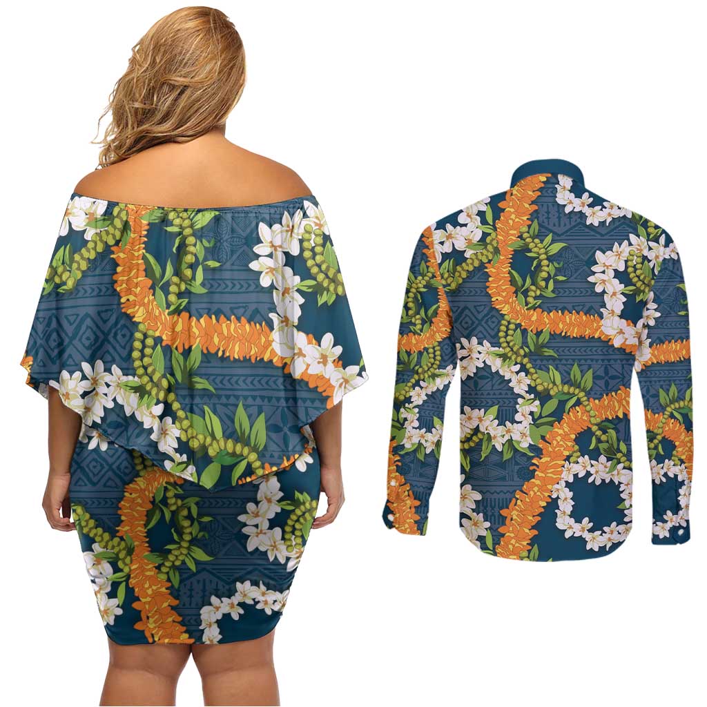 Aloha Festive Hawaii Couples Matching Off Shoulder Short Dress and Long Sleeve Button Shirt Mokihana - Maile and Ilima on Navy Blue - Polynesian Pride