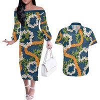 Aloha Festive Hawaii Couples Matching Off The Shoulder Long Sleeve Dress and Hawaiian Shirt Mokihana - Maile and Ilima on Navy Blue - Polynesian Pride