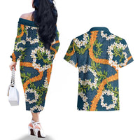 Aloha Festive Hawaii Couples Matching Off The Shoulder Long Sleeve Dress and Hawaiian Shirt Mokihana - Maile and Ilima on Navy Blue - Polynesian Pride