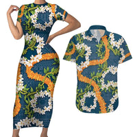 Aloha Festive Hawaii Couples Matching Short Sleeve Bodycon Dress and Hawaiian Shirt Mokihana - Maile and Ilima on Navy Blue - Polynesian Pride