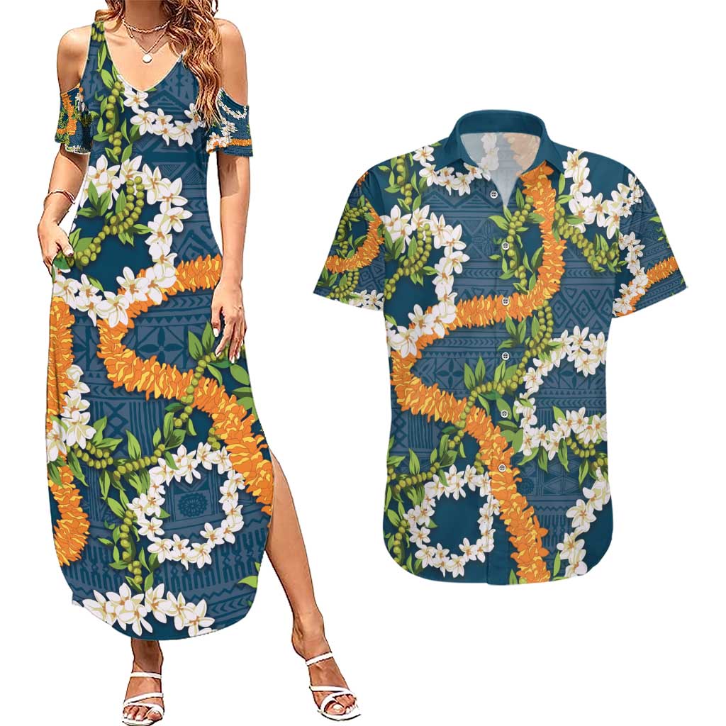 Aloha Festive Hawaii Couples Matching Summer Maxi Dress and Hawaiian Shirt Mokihana - Maile and Ilima on Navy Blue - Polynesian Pride