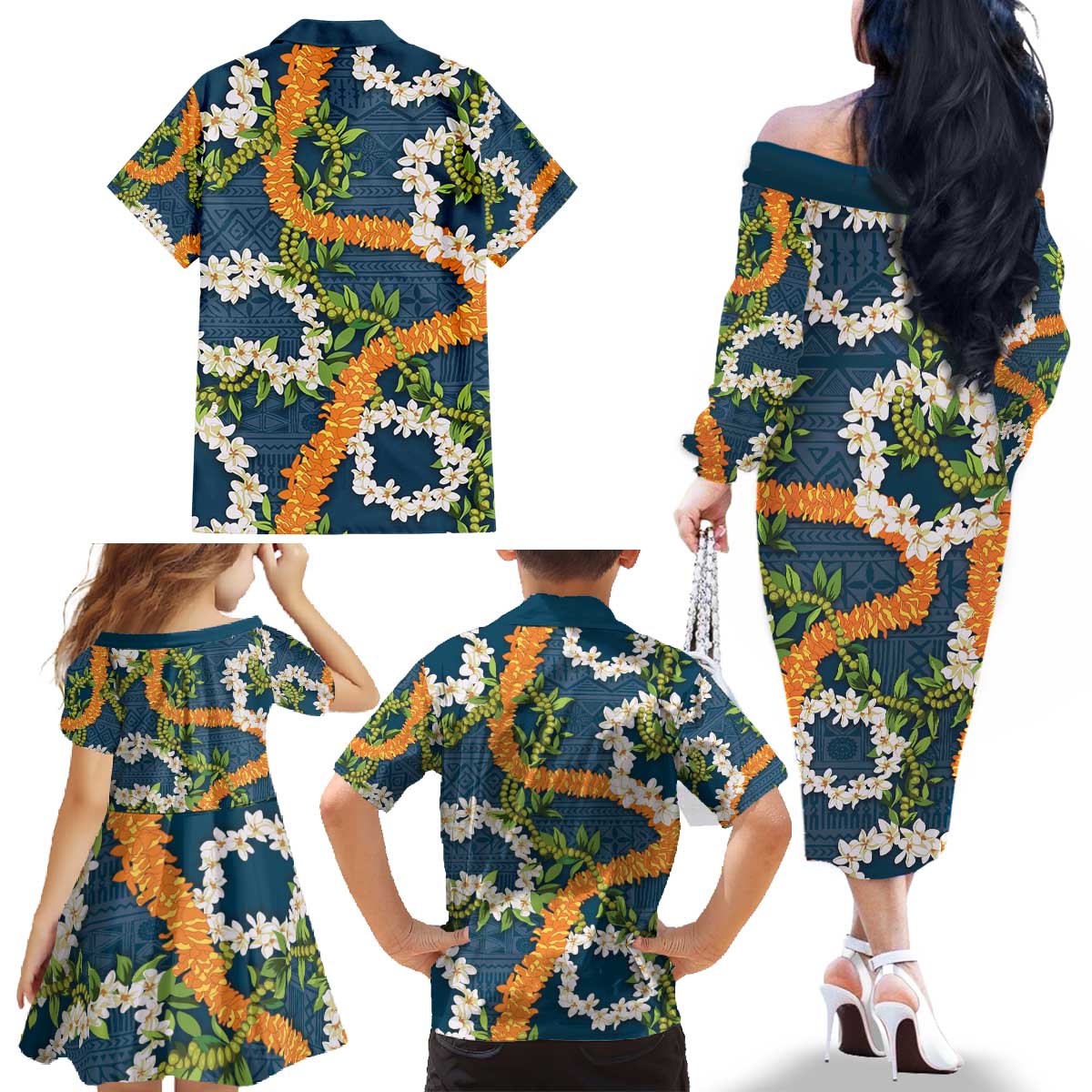 Aloha Festive Hawaii Family Matching Off The Shoulder Long Sleeve Dress and Hawaiian Shirt Mokihana - Maile and Ilima on Navy Blue - Polynesian Pride