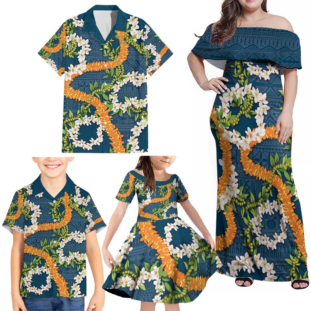 Aloha Festive Hawaii Family Matching Off Shoulder Maxi Dress and Hawaiian Shirt Mokihana - Maile and Ilima on Navy Blue - Polynesian Pride