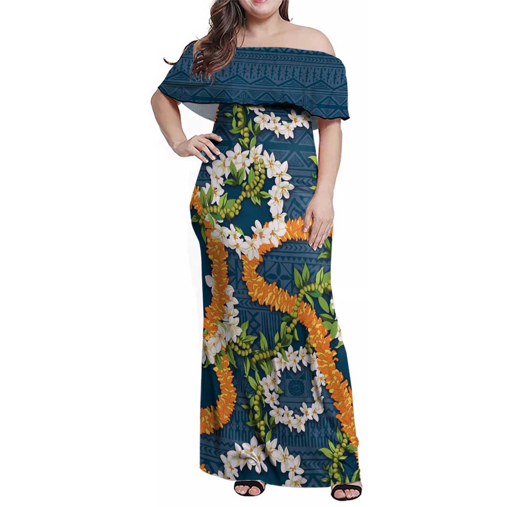 Aloha Festive Hawaii Family Matching Off Shoulder Maxi Dress and Hawaiian Shirt Mokihana - Maile and Ilima on Navy Blue - Polynesian Pride
