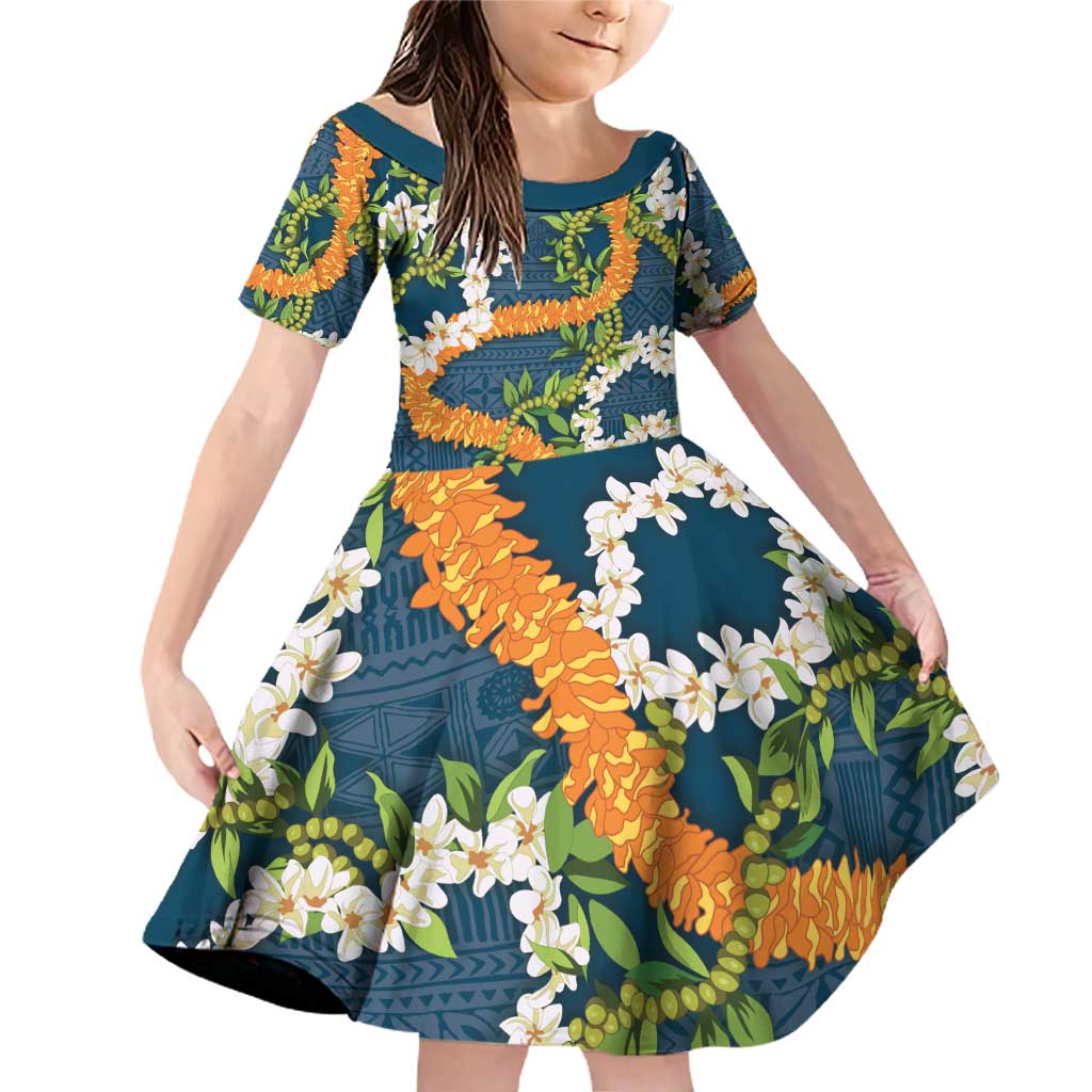 Aloha Festive Hawaii Family Matching Off Shoulder Short Dress and Hawaiian Shirt Mokihana - Maile and Ilima on Navy Blue - Polynesian Pride