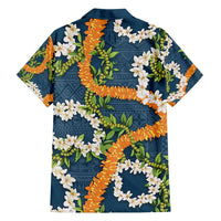 Aloha Festive Hawaii Family Matching Off Shoulder Short Dress and Hawaiian Shirt Mokihana - Maile and Ilima on Navy Blue - Polynesian Pride