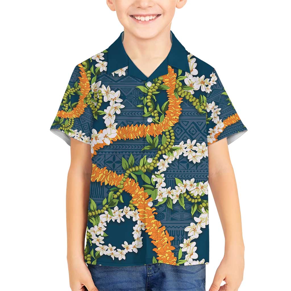 Aloha Festive Hawaii Family Matching Off Shoulder Short Dress and Hawaiian Shirt Mokihana - Maile and Ilima on Navy Blue - Polynesian Pride