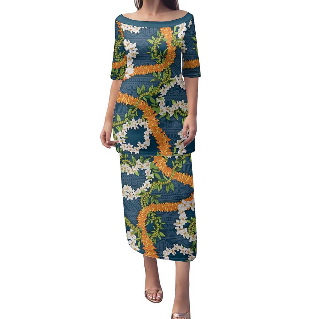 Aloha Festive Hawaii Family Matching Puletasi and Hawaiian Shirt Mokihana - Maile and Ilima on Navy Blue - Polynesian Pride