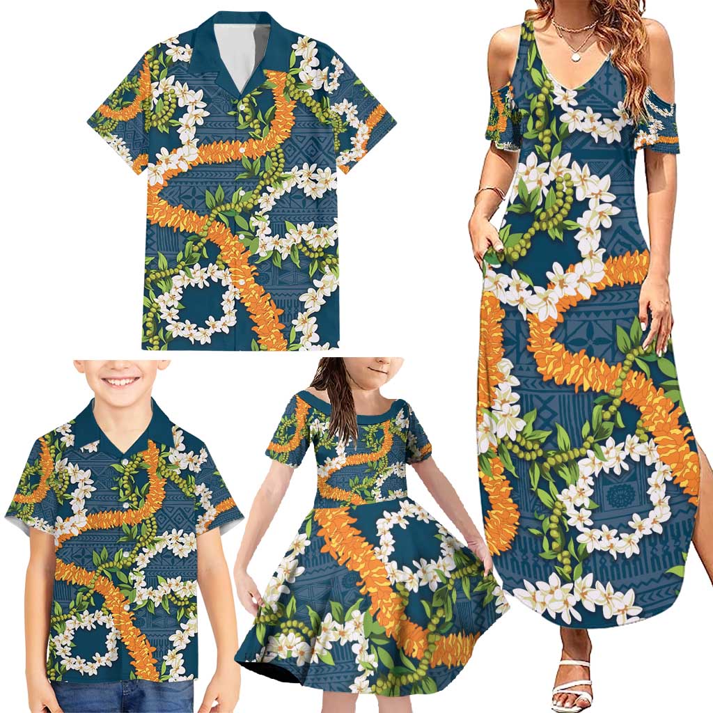 Aloha Festive Hawaii Family Matching Summer Maxi Dress and Hawaiian Shirt Mokihana - Maile and Ilima on Navy Blue - Polynesian Pride