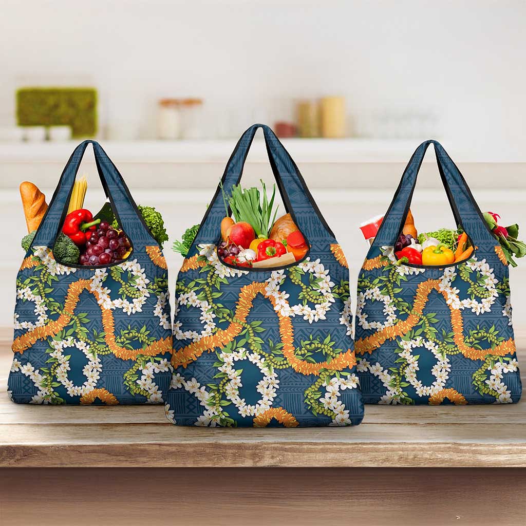 Aloha Festive Hawaii Grocery Bag Mokihana - Maile and Ilima on Navy Blue - Polynesian Pride