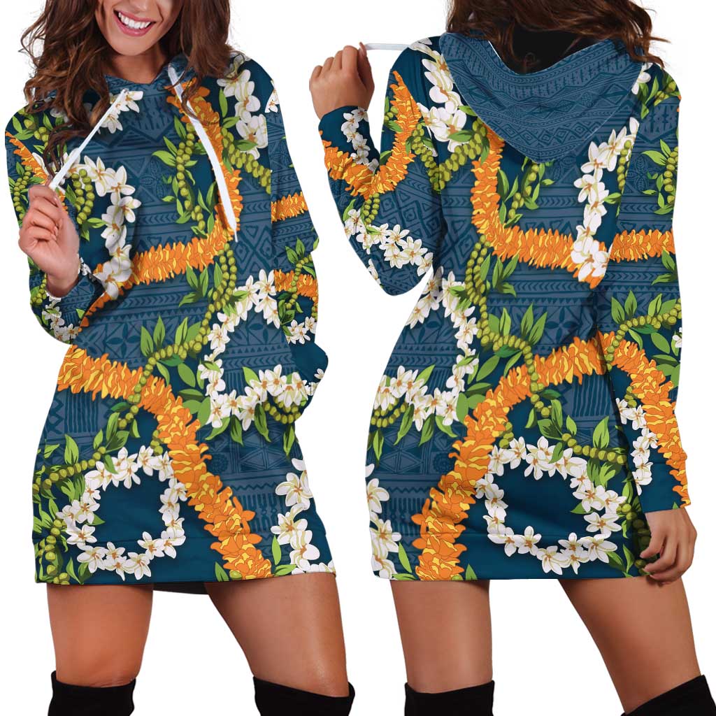 Aloha Festive Hawaii Hoodie Dress Mokihana - Maile and Ilima on Navy Blue - Polynesian Pride