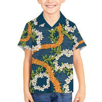 Aloha Festive Hawaii Kid Hawaiian Shirt Mokihana - Maile and Ilima on Navy Blue - Polynesian Pride