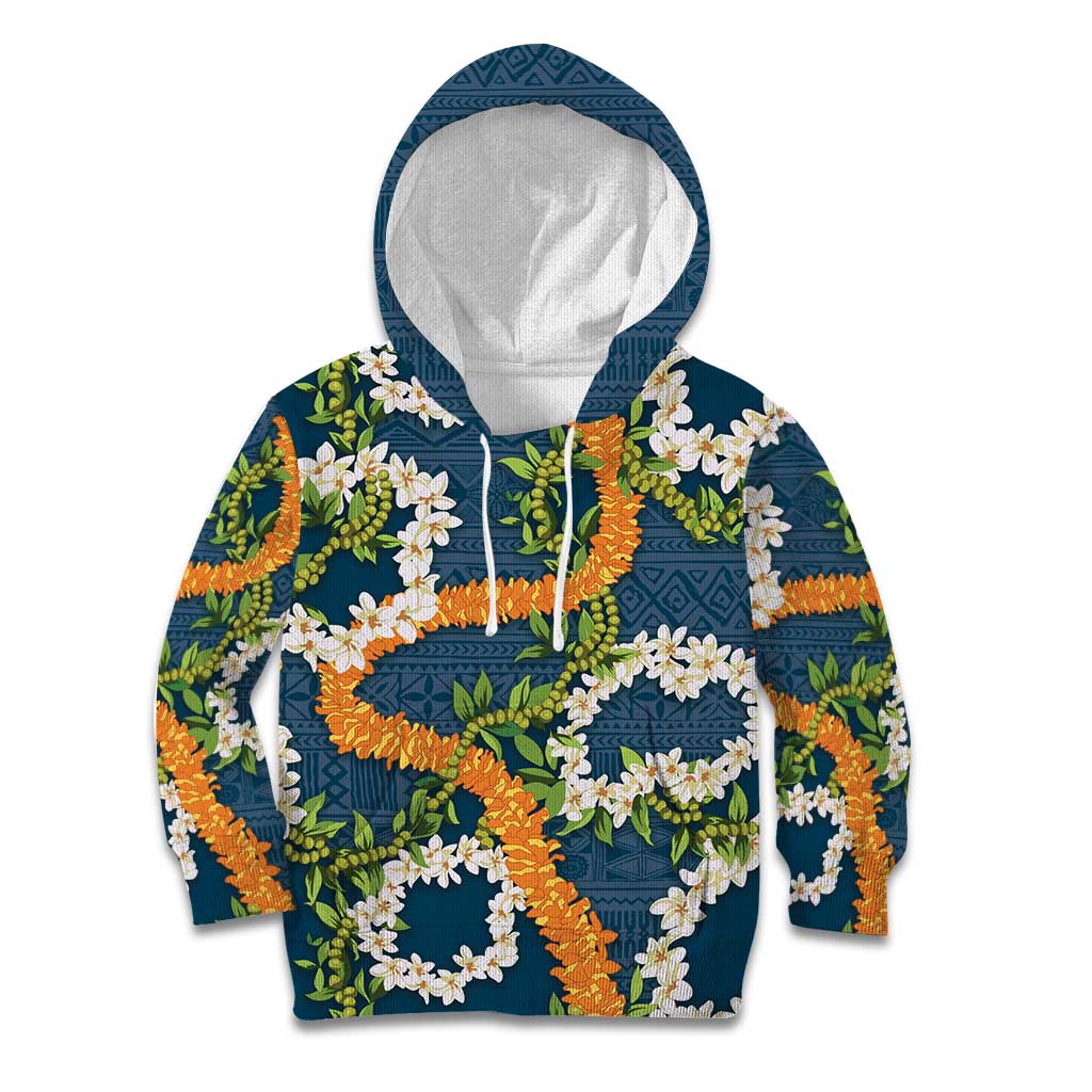 Aloha Festive Hawaii Kid Hoodie Mokihana - Maile and Ilima on Navy Blue - Polynesian Pride