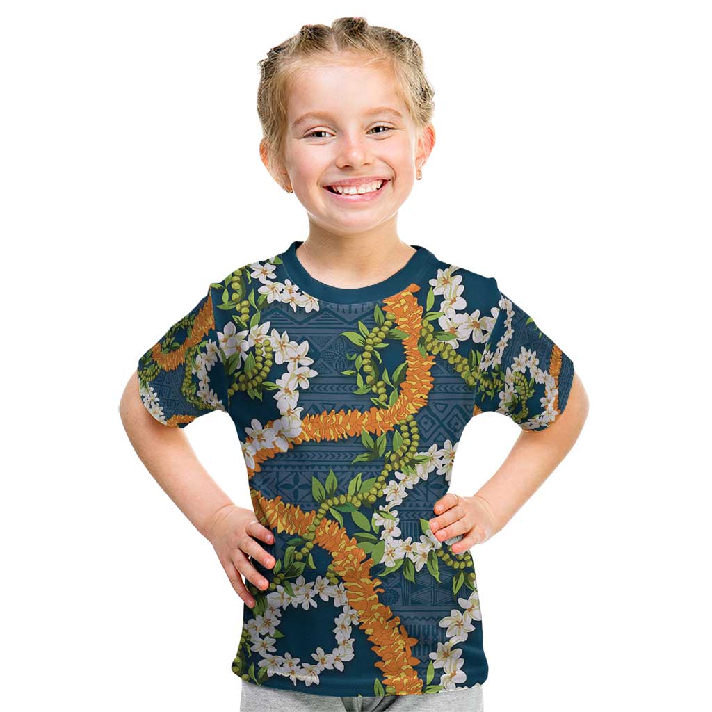 Aloha Festive Hawaii Kid T Shirt Mokihana - Maile and Ilima on Navy Blue - Polynesian Pride