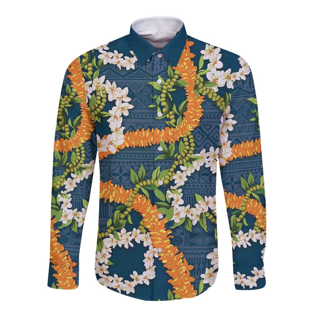 Aloha Festive Hawaii Long Sleeve Button Shirt Mokihana - Maile and Ilima on Navy Blue - Polynesian Pride