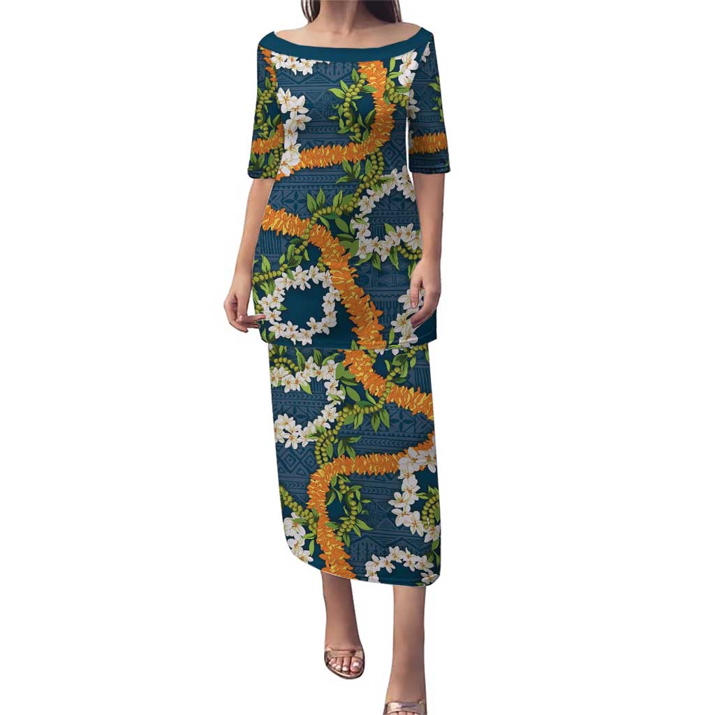 Aloha Festive Hawaii Puletasi Mokihana - Maile and Ilima on Navy Blue - Polynesian Pride