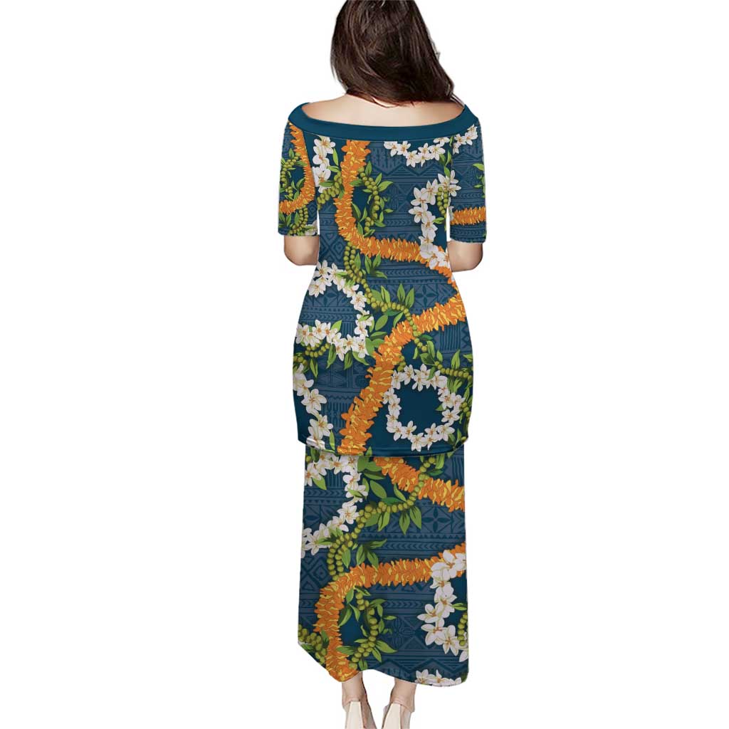 Aloha Festive Hawaii Puletasi Mokihana - Maile and Ilima on Navy Blue - Polynesian Pride