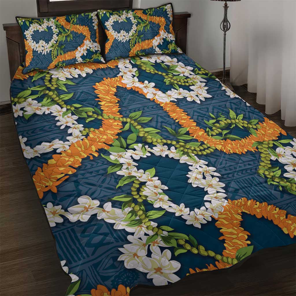 Aloha Festive Hawaii Quilt Bed Set Mokihana - Maile and Ilima on Navy Blue - Polynesian Pride