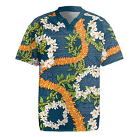 Aloha Festive Hawaii Rugby Jersey Mokihana - Maile and Ilima on Navy Blue - Polynesian Pride
