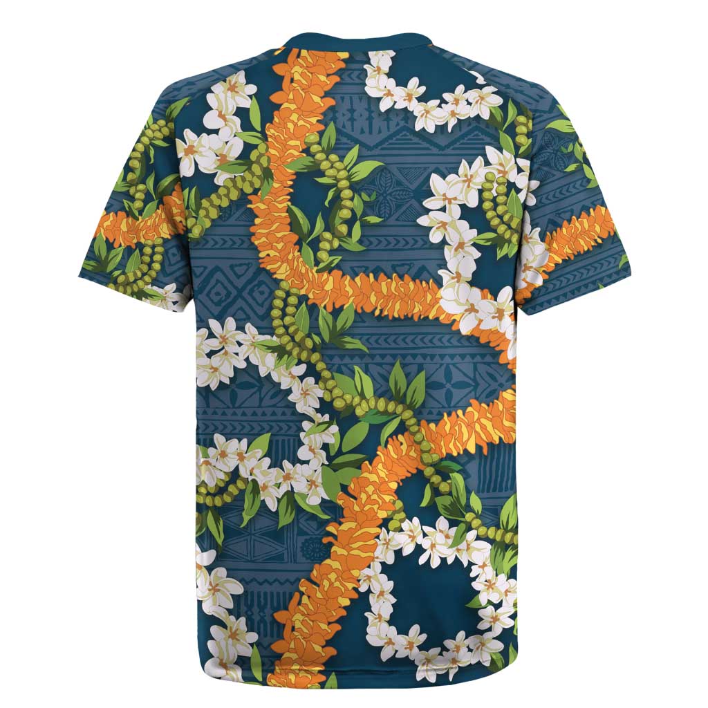 Aloha Festive Hawaii Rugby Jersey Mokihana - Maile and Ilima on Navy Blue - Polynesian Pride
