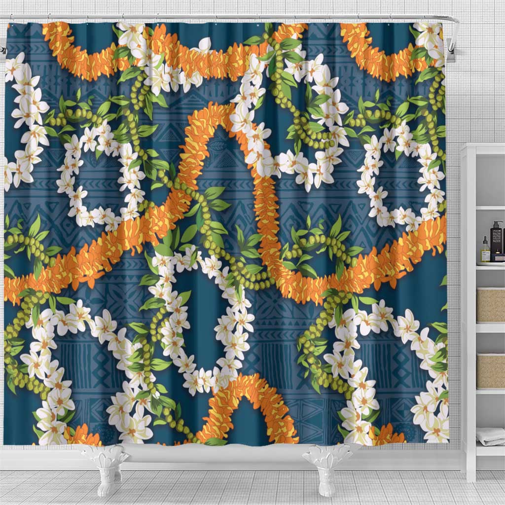 Aloha Festive Hawaii Shower Curtain Mokihana - Maile and Ilima on Navy Blue - Polynesian Pride