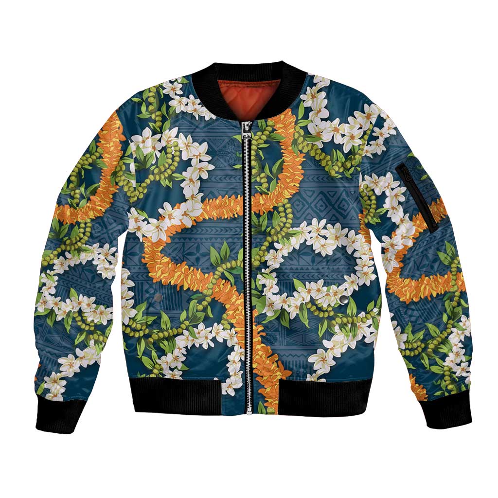 Aloha Festive Hawaii Sleeve Zip Bomber Jacket Mokihana - Maile and Ilima on Navy Blue - Polynesian Pride
