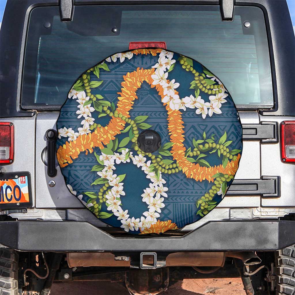 Aloha Festive Hawaii Spare Tire Cover Mokihana - Maile and Ilima on Navy Blue - Polynesian Pride