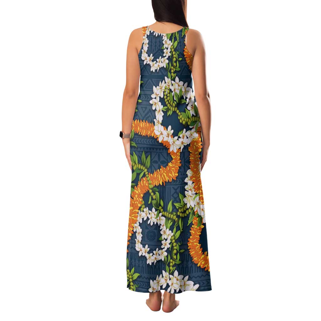 Aloha Festive Hawaii Tank Maxi Dress Mokihana - Maile and Ilima on Navy Blue - Polynesian Pride