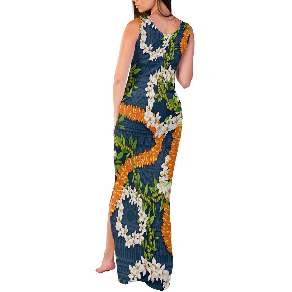 Aloha Festive Hawaii Tank Maxi Dress Mokihana - Maile and Ilima on Navy Blue - Polynesian Pride