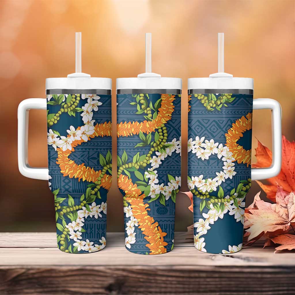 Aloha Festive Hawaii Tumbler With Handle Mokihana - Maile and Ilima on Navy Blue - Polynesian Pride