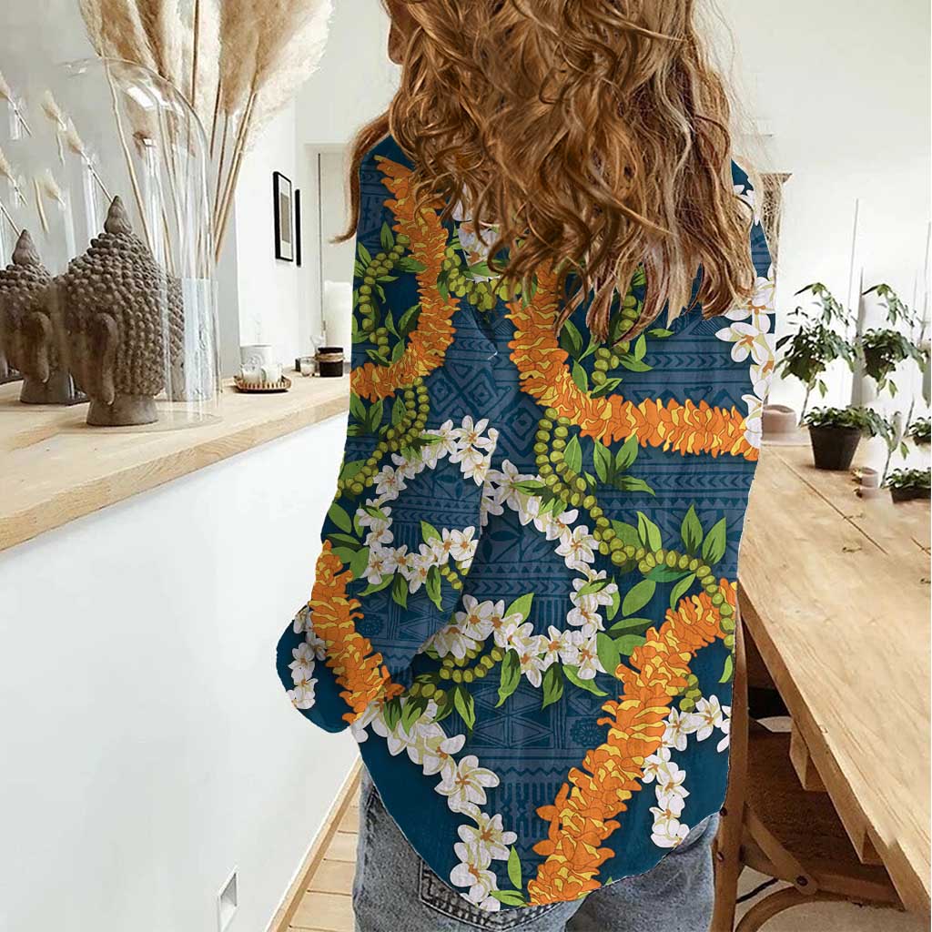 Aloha Festive Hawaii Women Casual Shirt Mokihana - Maile and Ilima on Navy Blue - Polynesian Pride
