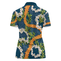 Aloha Festive Hawaii Women Polo Shirt Mokihana - Maile and Ilima on Navy Blue - Polynesian Pride