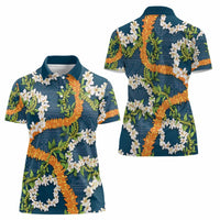 Aloha Festive Hawaii Women Polo Shirt Mokihana - Maile and Ilima on Navy Blue - Polynesian Pride
