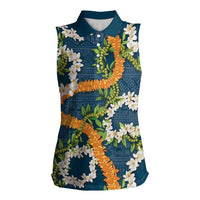 Aloha Festive Hawaii Women Sleeveless Polo Shirt Mokihana - Maile and Ilima on Navy Blue - Polynesian Pride