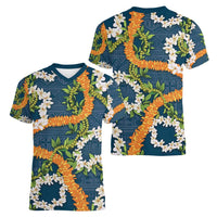 Aloha Festive Hawaii Women V-Neck T-Shirt Mokihana - Maile and Ilima on Navy Blue - Polynesian Pride