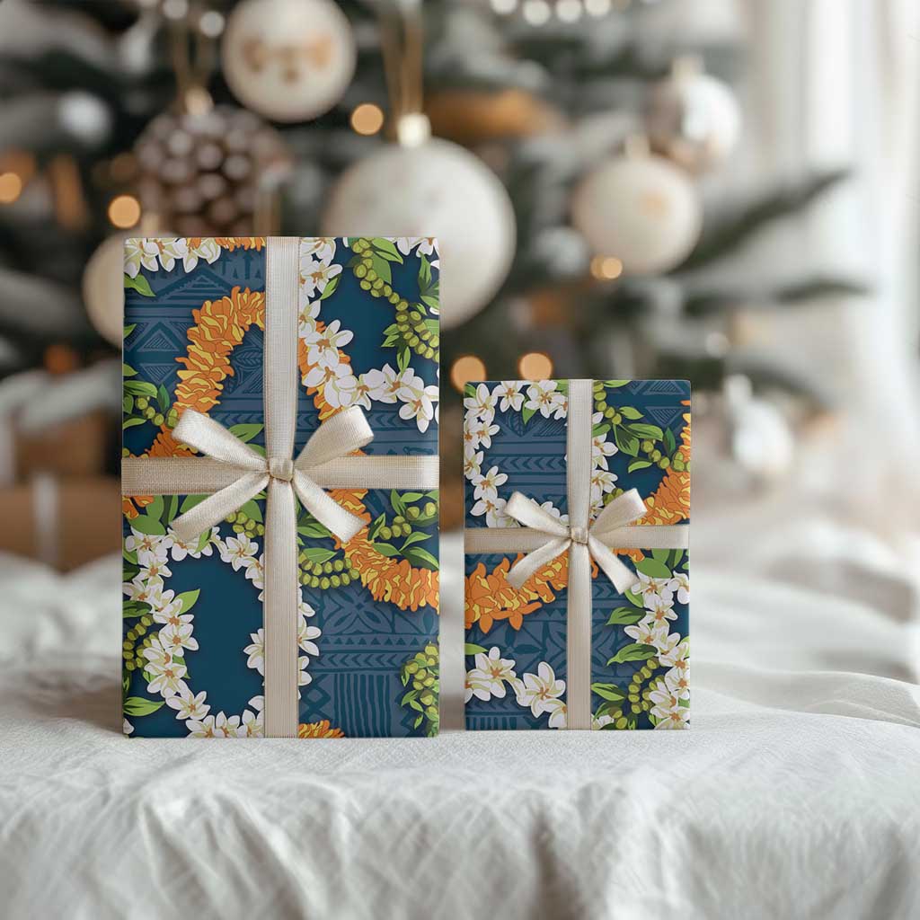 Aloha Festive Hawaii Wrapping Paper Mokihana - Maile and Ilima on Navy Blue