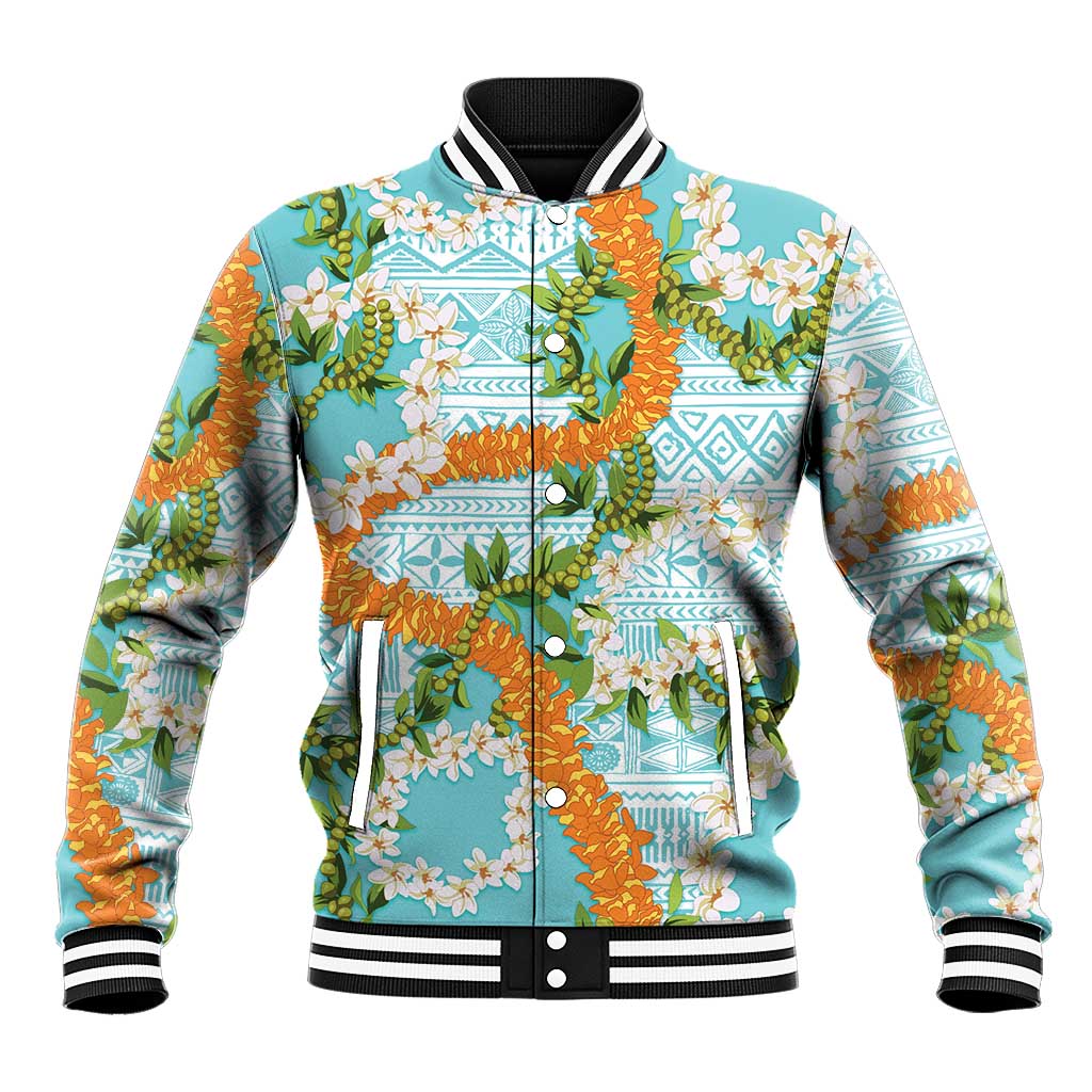 Aloha Festive Hawaii Baseball Jacket Mokihana - Maile and Ilima on Turquoise - Polynesian Pride