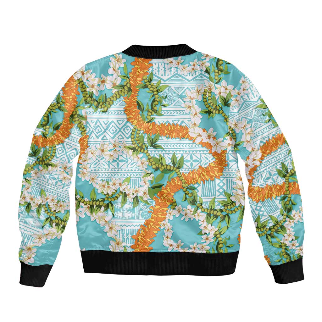 Aloha Festive Hawaii Bomber Jacket Mokihana - Maile and Ilima on Turquoise - Polynesian Pride
