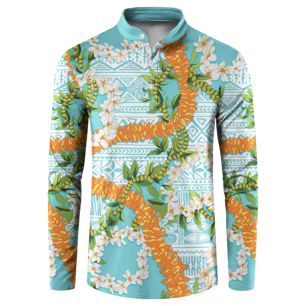 Aloha Festive Hawaii Button Sweatshirt Mokihana - Maile and Ilima on Turquoise - Polynesian Pride