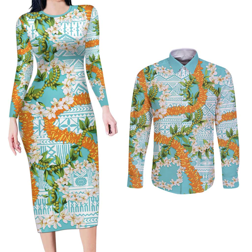 Aloha Festive Hawaii Couples Matching Long Sleeve Bodycon Dress and Long Sleeve Button Shirt Mokihana - Maile and Ilima on Turquoise - Polynesian Pride