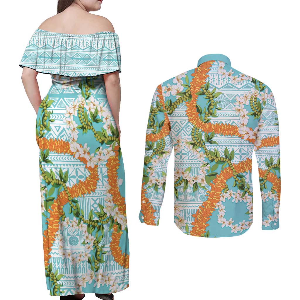 Aloha Festive Hawaii Couples Matching Off Shoulder Maxi Dress and Long Sleeve Button Shirt Mokihana - Maile and Ilima on Turquoise - Polynesian Pride