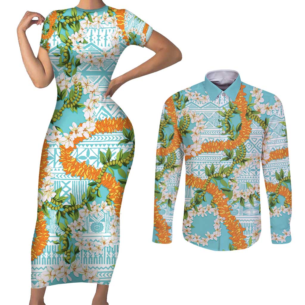 Aloha Festive Hawaii Couples Matching Short Sleeve Bodycon Dress and Long Sleeve Button Shirt Mokihana - Maile and Ilima on Turquoise - Polynesian Pride