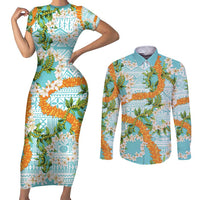 Aloha Festive Hawaii Couples Matching Short Sleeve Bodycon Dress and Long Sleeve Button Shirt Mokihana - Maile and Ilima on Turquoise - Polynesian Pride