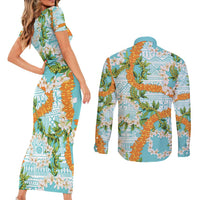 Aloha Festive Hawaii Couples Matching Short Sleeve Bodycon Dress and Long Sleeve Button Shirt Mokihana - Maile and Ilima on Turquoise - Polynesian Pride