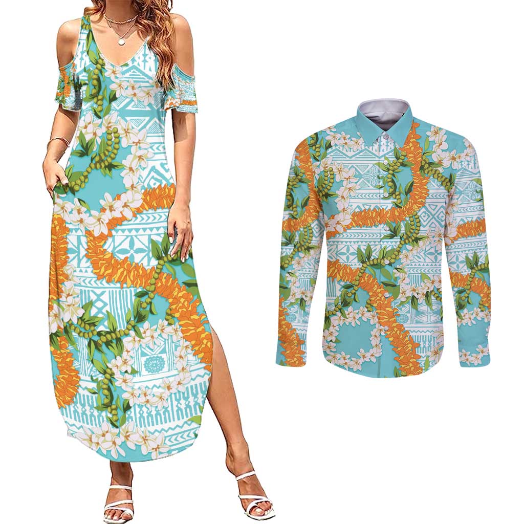 Aloha Festive Hawaii Couples Matching Summer Maxi Dress and Long Sleeve Button Shirt Mokihana - Maile and Ilima on Turquoise - Polynesian Pride