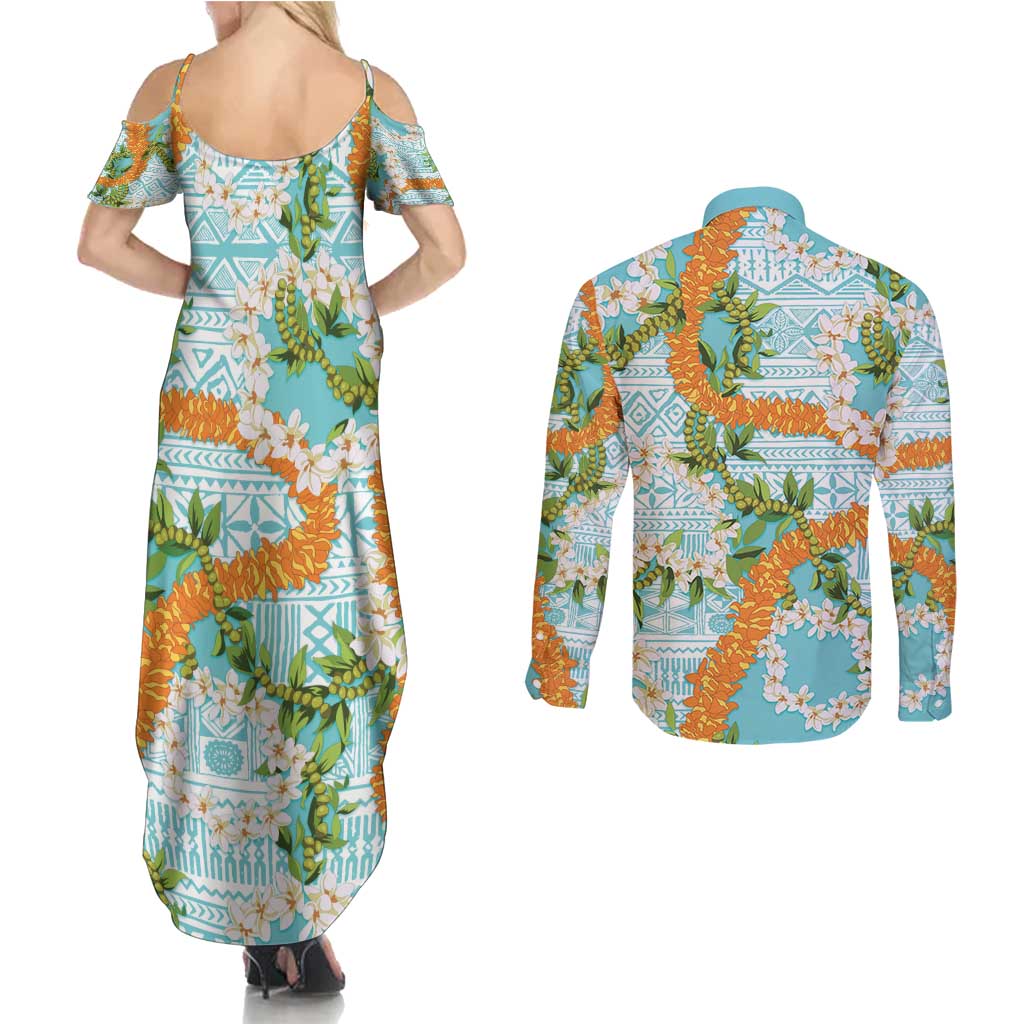 Aloha Festive Hawaii Couples Matching Summer Maxi Dress and Long Sleeve Button Shirt Mokihana - Maile and Ilima on Turquoise - Polynesian Pride