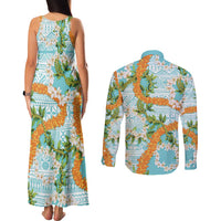 Aloha Festive Hawaii Couples Matching Tank Maxi Dress and Long Sleeve Button Shirt Mokihana - Maile and Ilima on Turquoise - Polynesian Pride