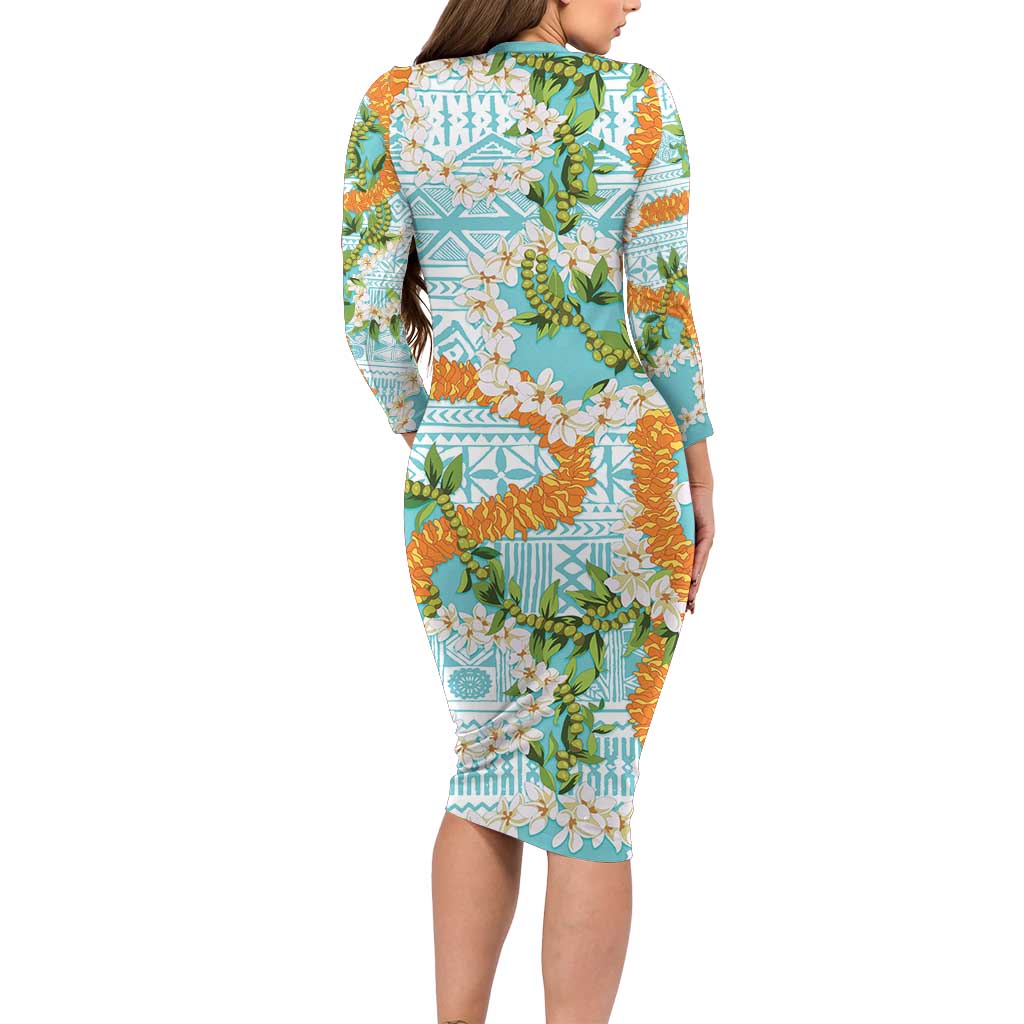 Aloha Festive Hawaii Family Matching Long Sleeve Bodycon Dress and Hawaiian Shirt Mokihana - Maile and Ilima on Turquoise - Polynesian Pride