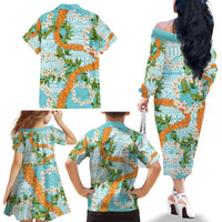 Aloha Festive Hawaii Family Matching Off The Shoulder Long Sleeve Dress and Hawaiian Shirt Mokihana - Maile and Ilima on Turquoise - Polynesian Pride