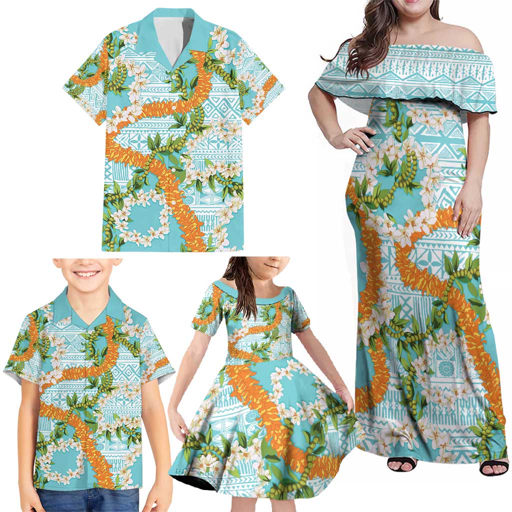 Aloha Festive Hawaii Family Matching Off Shoulder Maxi Dress and Hawaiian Shirt Mokihana - Maile and Ilima on Turquoise - Polynesian Pride